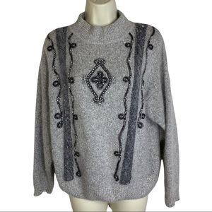 Santoria  VTG  Beaded Statement Gray Silk Angora Wool Blend Winter Sweater